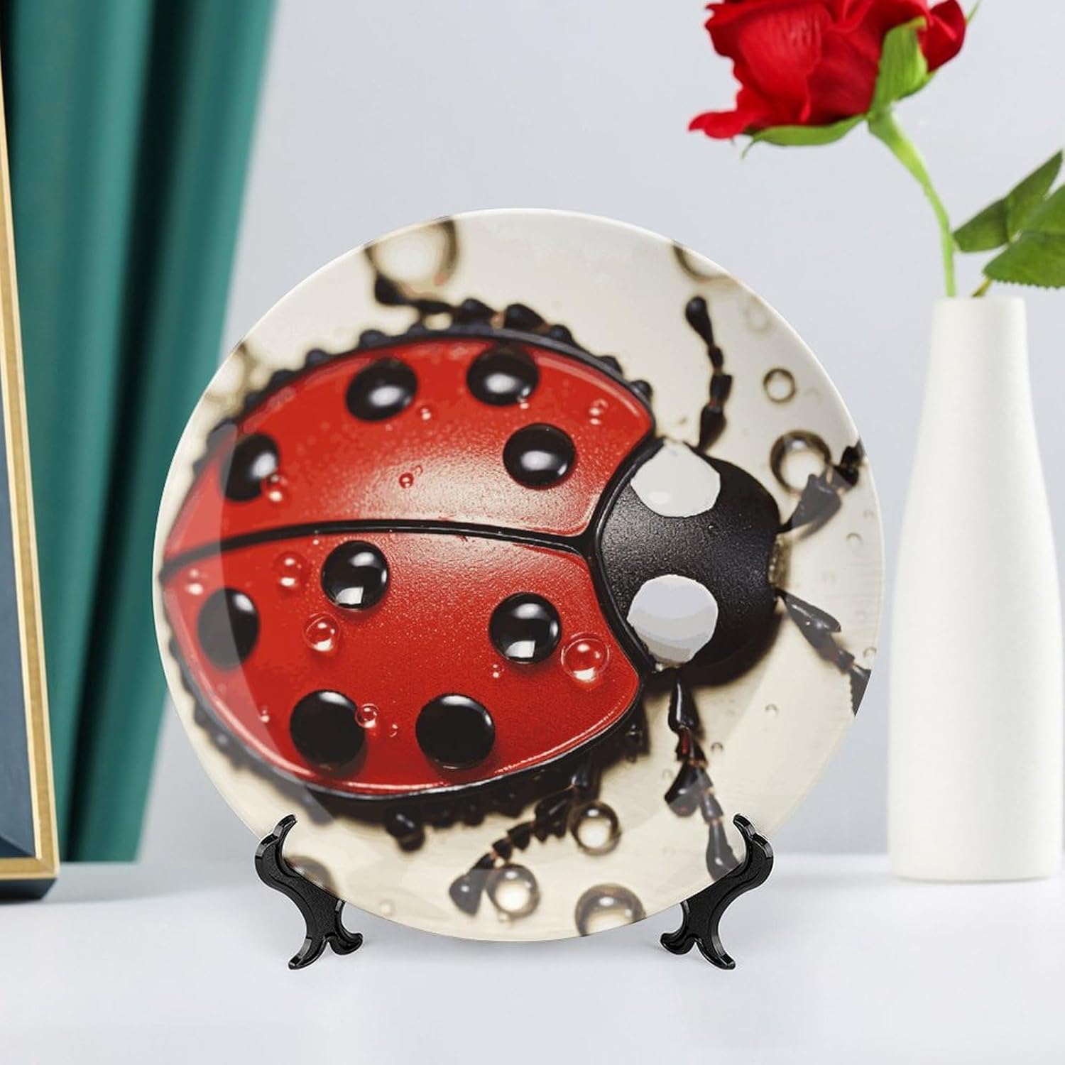 Beautiful Ladybug Ceramic Plate 10inch Decorative Bone China Wall Hanging Ornament Plates Bohemian Style Dinner Plate with Display Stand Cabinet Display Plates for Home Art Decor