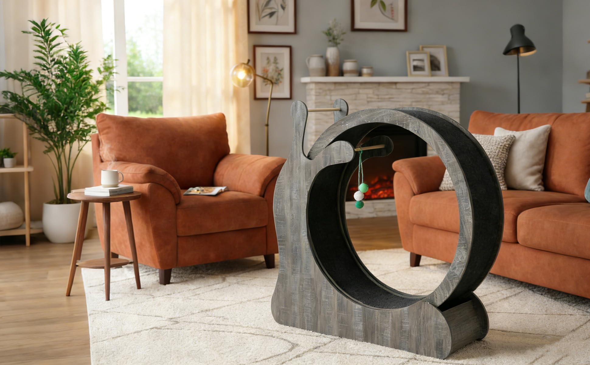 Leises Katzenlaufrad aus Holz für Wohnungskatzen, Katzenrad Ø 95cm mit Sisal-Kratzbrett, Herausnehmbarem Teppich & Spielbällen, Anti-Rutsch, Fördert Fitness & Abnehmen für Große Katzen, Grau