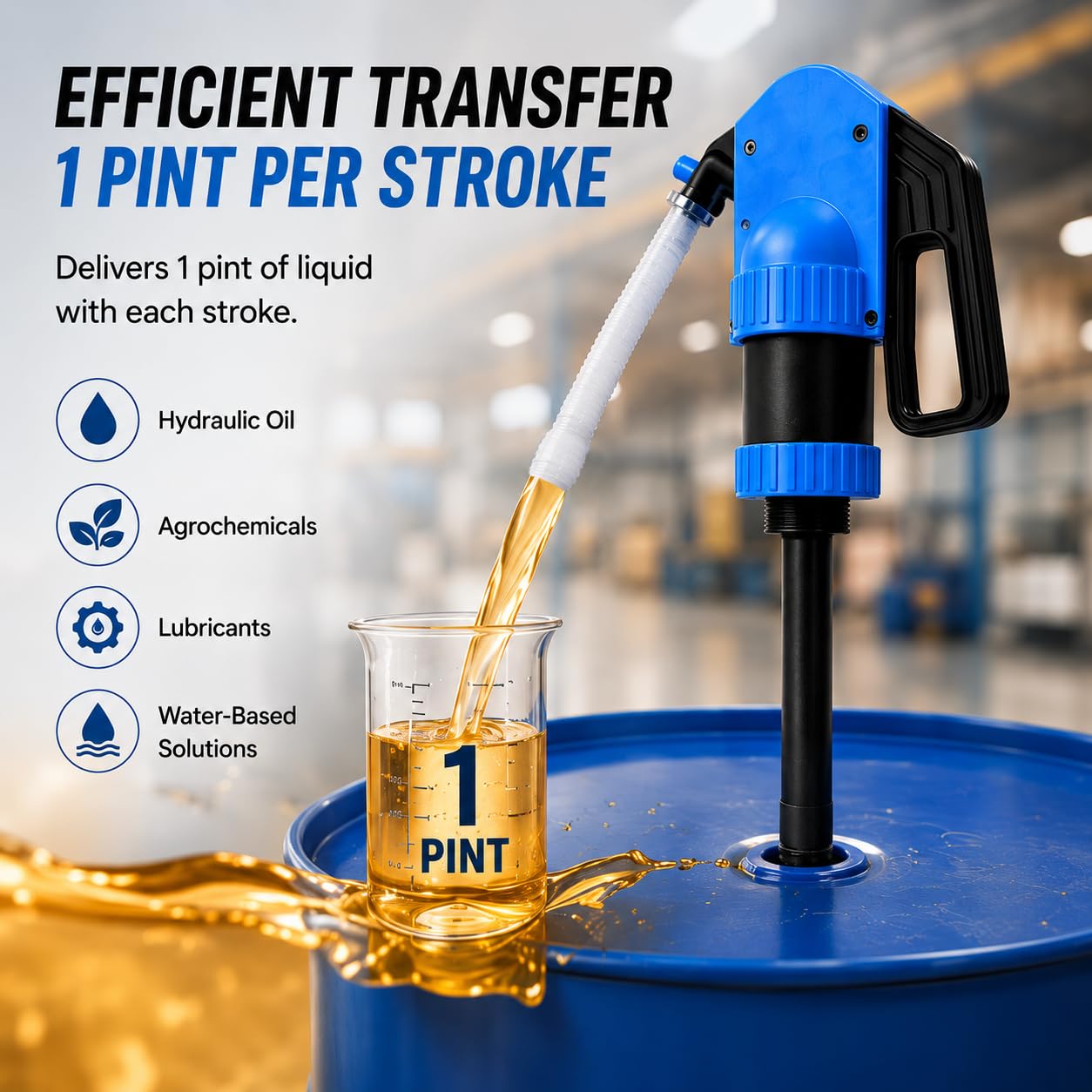 55 Gal Hand Drum Pump – Plastic Lever Action Drum Pump for DEF, Antifreeze, Oil & Low-Viscosity Liquids – Includes 5.74 ft 3/4” Corrugated Hose – Manual Siphon Pump for 55 Gallon Barrel