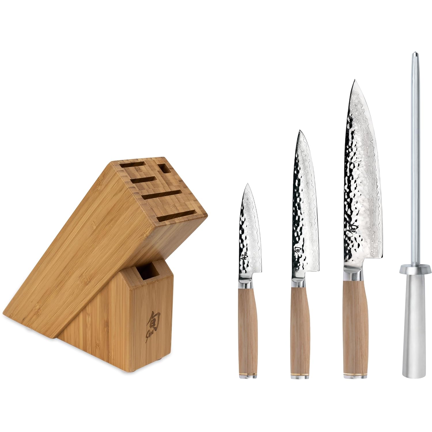 Shun Premier Blonde 5 Piece Starter Block Set, Includes 8" Chef, 4" Paring, 6.5" Utility Knives, Honing Steel & Bamboo Knife Block, Handcrafted Japanese Knife Set, Pakkawood Handles