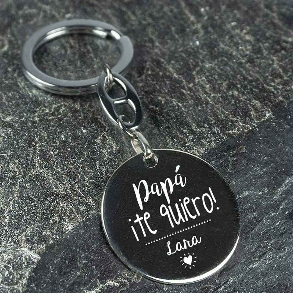 Regalo Personalizado para Padres: Llavero de Plata Redondo 'Papá ¡te Quiero!' Grabado con el Nombre Que tú Quieras