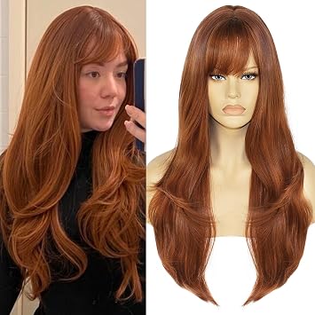 28 Inch Ginger Wig - Auburn Wavy Long Wig with Bangs - Synthetic Wig for Women & Girls - Daily Wear & Halloween Party