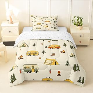 Erosebridal Camping Adventure Bedding Set Twin Happy Camping Comforter Set for Kids Boys Girls Camper Campfire Pine Trees Down Comforter,Tent Outdoor Life Quilt Duvet