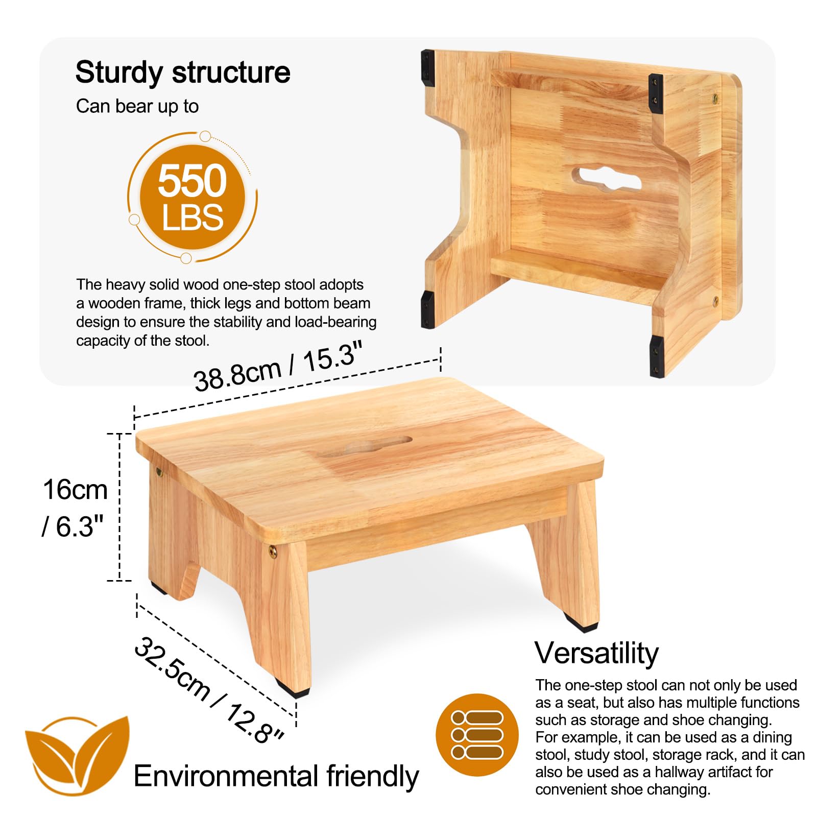 Taburete de madera para adultos y personas mayores con patas de goma antideslizantes, soporte de pie de madera portátil para baño, cocina, mesita de noche y más (16 cm, roble)