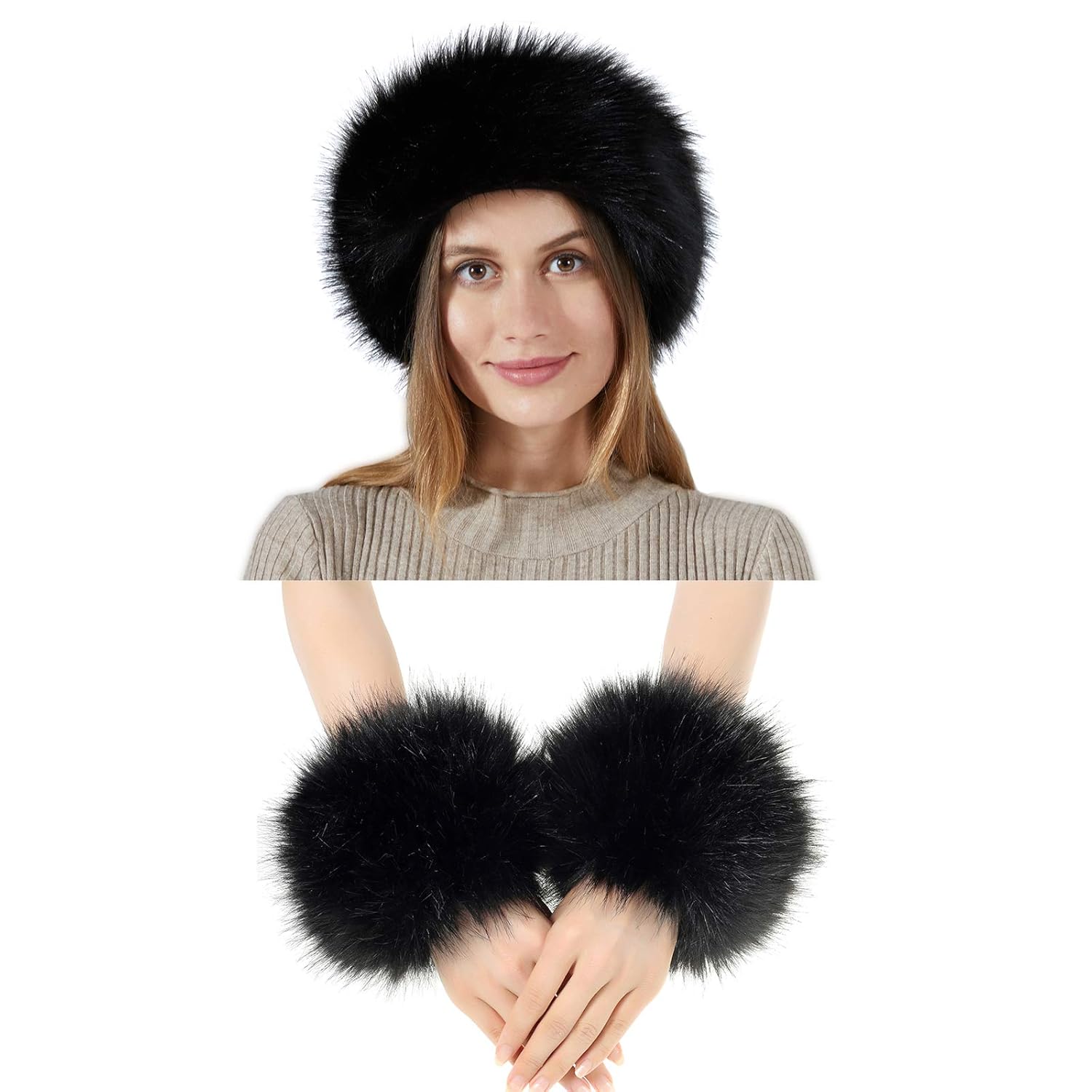 3 Pieces Faux Fur Headband Arm Warmers Wrist Cuffs Earmuff Ear Warmer for Cold Weather Furry Costumes Black