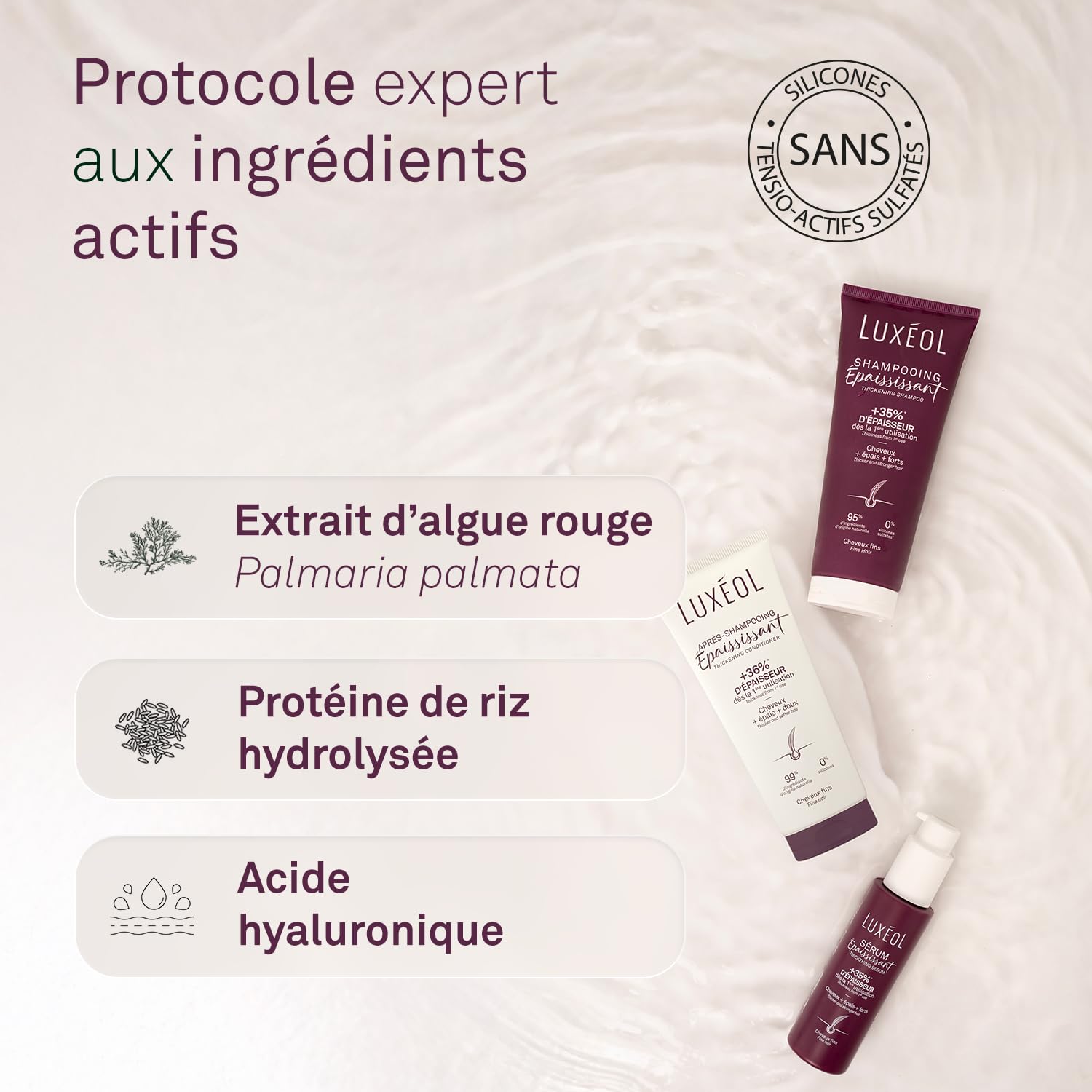 LUXEOL - Protocole Epaississant - Cheveux Normaux- +36 % D'Epaisseur Immédiatement*- Shampooing + Après-Shampoing + Sérum - Fabriqué en France