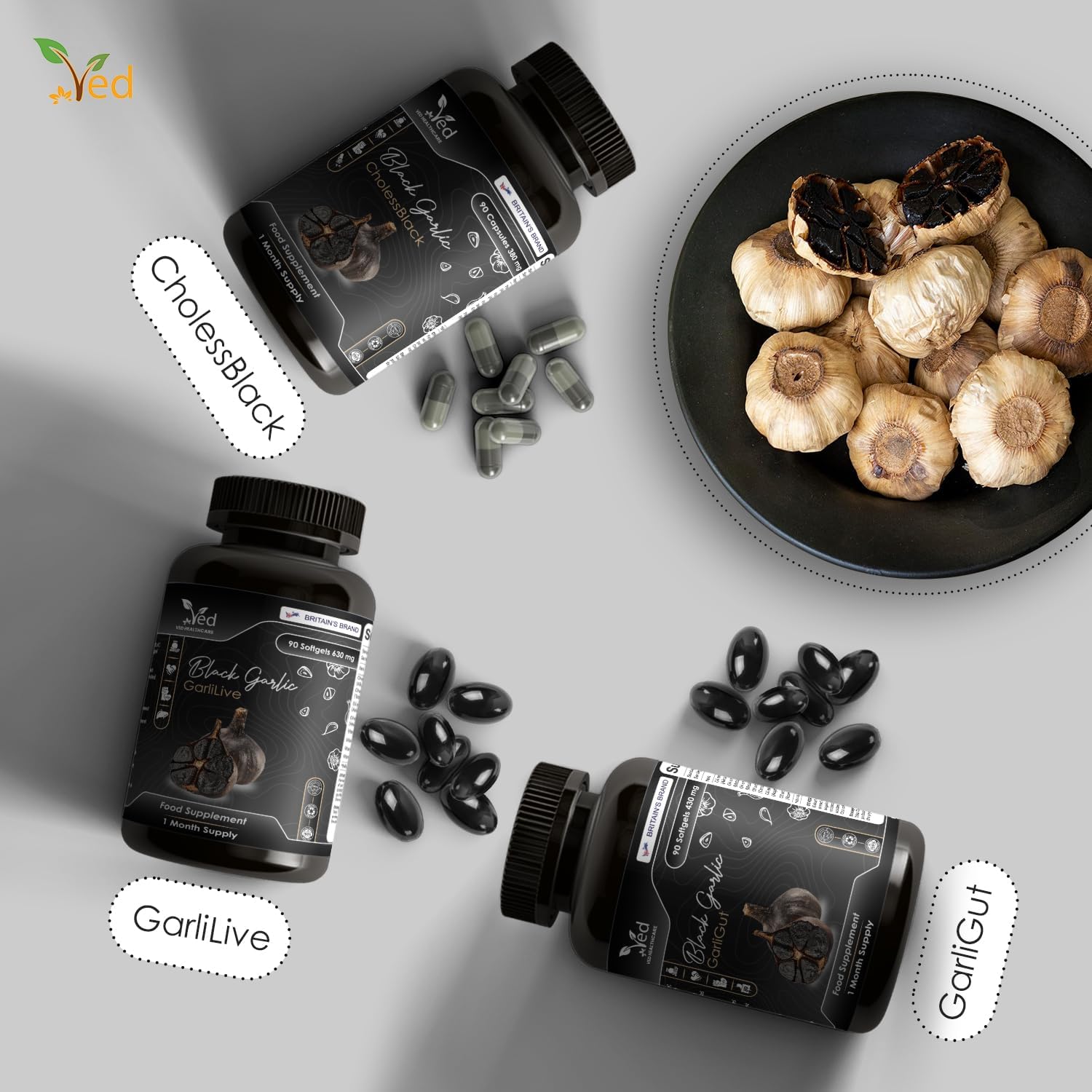 Ved GarliCalm, 90 Capsules, Fermented & Odourless Black Garlic Supplement with Motherwort, Iodine & Vitamin E, Non-GMO, Halal, 2 Capsules per Day.