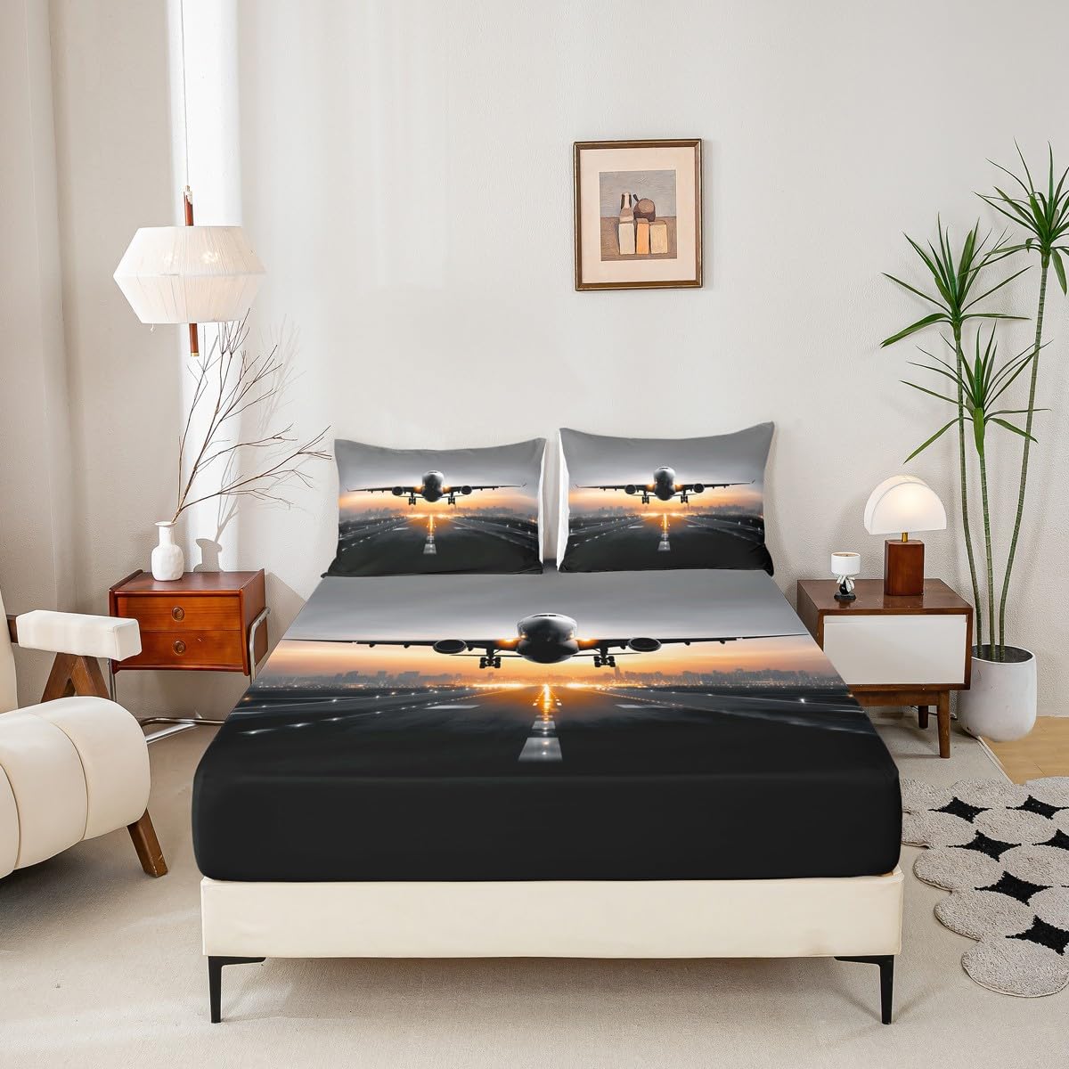 Aviation Aircraft Fitted Sheet Twin Size,Kids Boys Men 3D Airport Airplane Bedding Set,Aircraft Photography Bed Sheets 2 Pieces (No Flat Sheet),Dark Gray Deep Pocket Sheet,1 Pillowcase