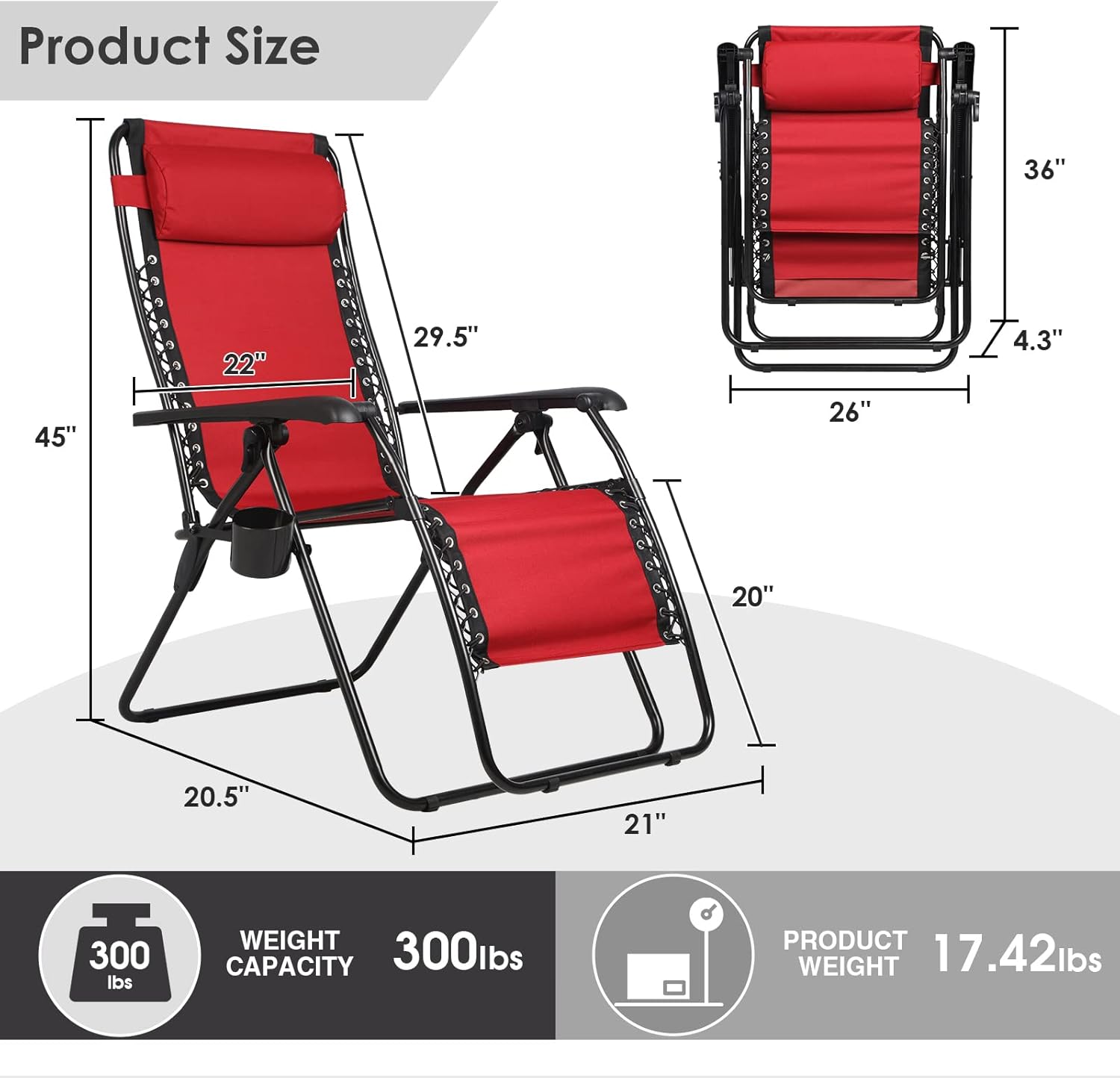 PORTAL Oversized Mesh Back Zero Gravity Reclining Patio Chairs, XL Padded Seat Folding Patio Lounge Chair with Adjustable Pillow and Cup Holder for Poolside Backyard Lawn, Support 350lbs