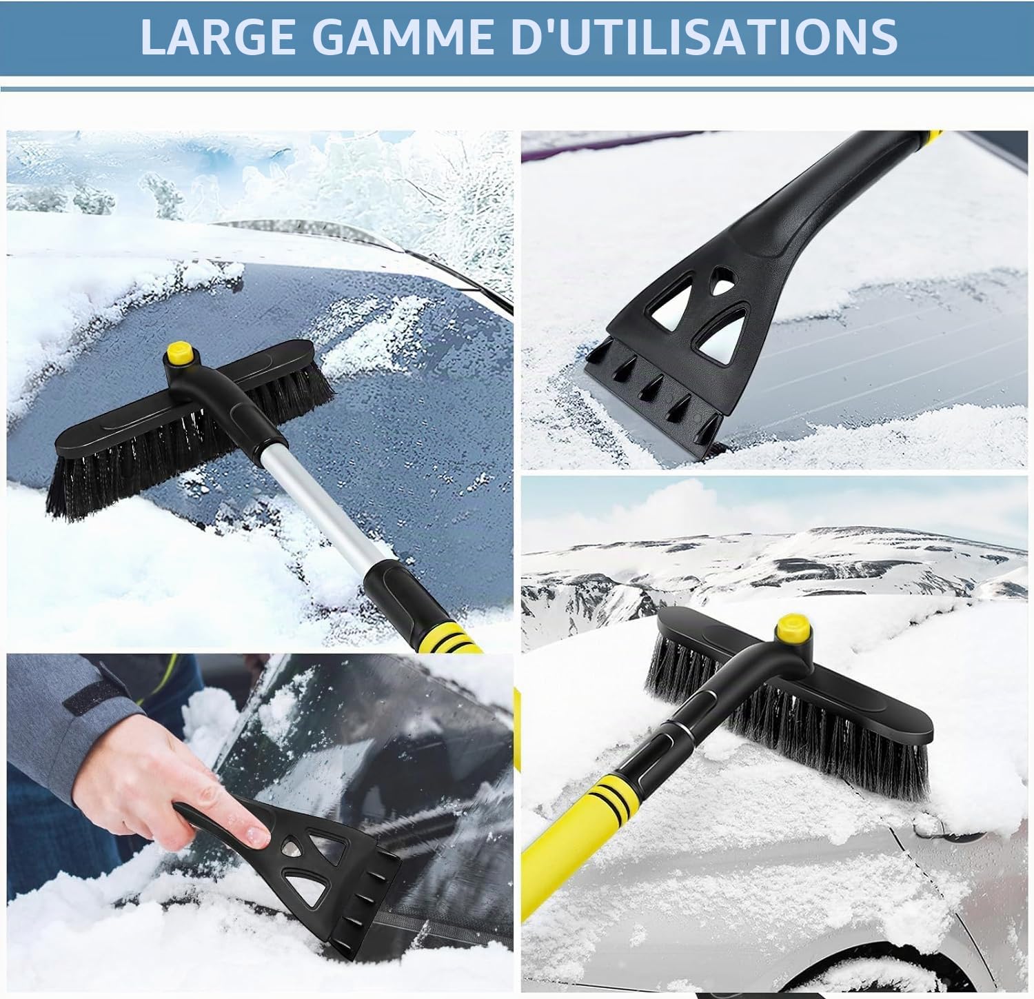 Dégivreur de voiture,brosse à neige et grattoir à glace,3 en 1 Brosse À Neige Détachable pour Voiture Multifonctionnelle, avec poignée Ergonomique en Mousse, pour voitures, camions et SUV, Jaune