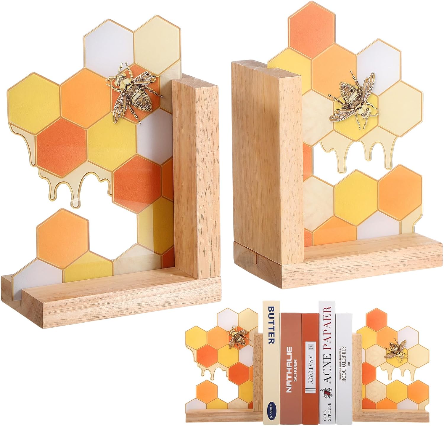 1 Pair Honeycomb Bookends Decorative Wooden Book Ends for Shelves Bookshelf Modern Honey Bookend Stoppers Holder for Office Home Desk Book Lover Gift 9.5 x 6 x 3.5 Inches