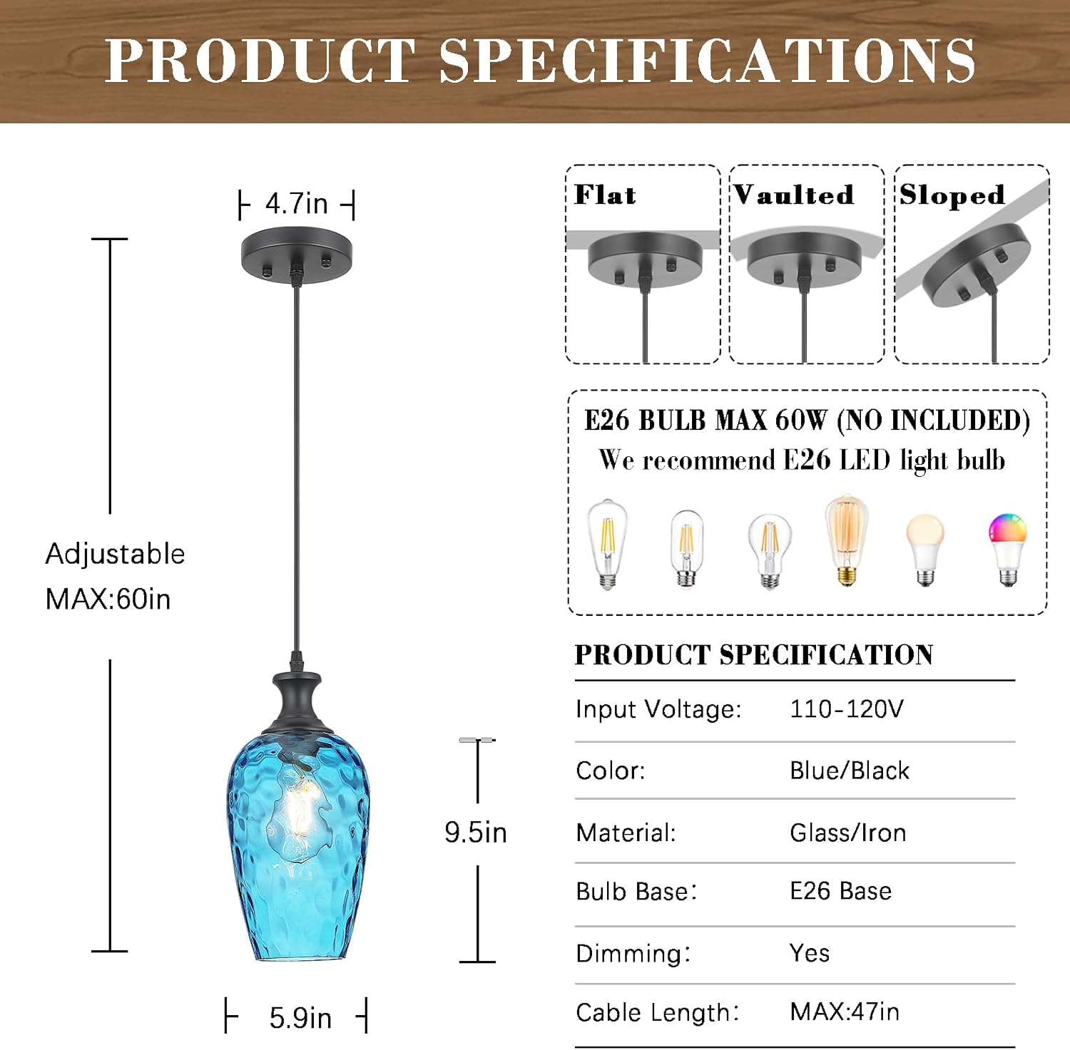 Glass Pendant Lights Kitchen Island, 1-Light Blue Pendant Light Fixtures with Hammered Glass, Modern Farmhouse Hanging Light for Kitchen Sink Dining Room Bedroom, E26