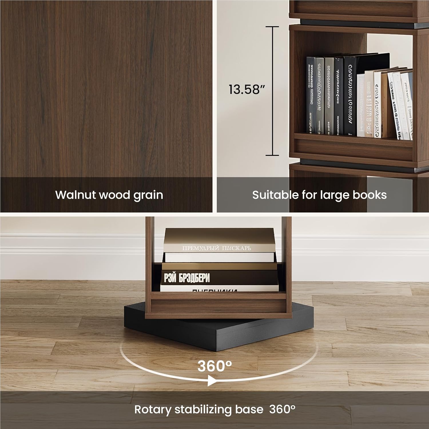 4-Tier Rotating Bookshelf Tower, 360° Spinning Wood Narrow Tall Book Shelf Organizer, Modern Geometric Storage for Sapce Saving, Revolving Bookcase for Living Room, Bedroom, Home Office