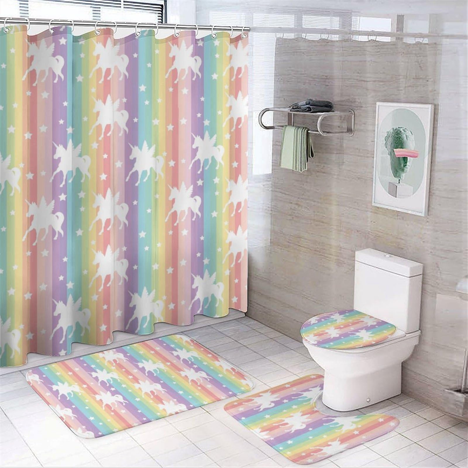 JZemdybill Bathroom Mat Set 4 Piece, Unicorn Pattern Rainbow Shower Curtain with Non-Slip Bath Mats for Bathroom
