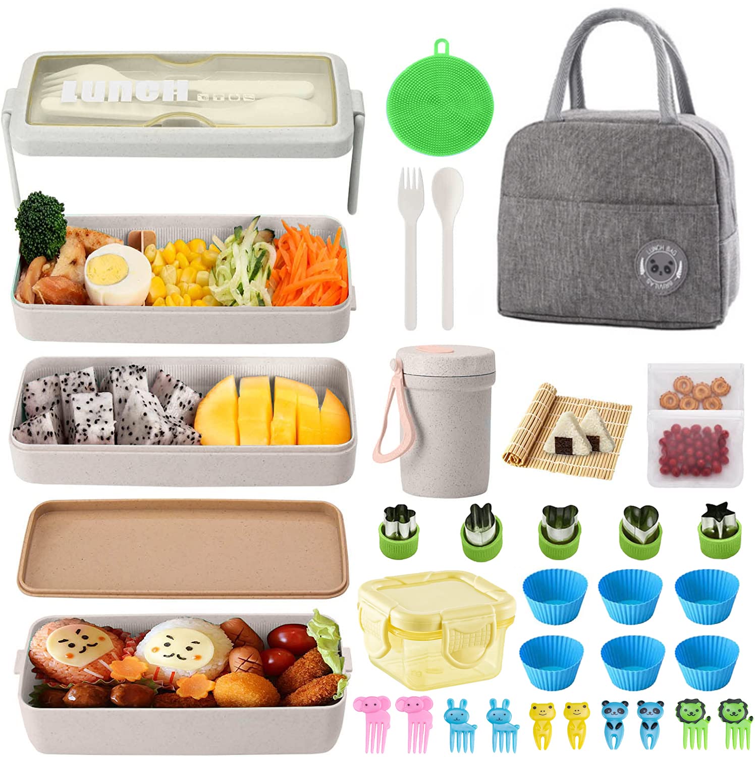 TOMVAES 32 PCs Bento Box Lunch Box Kit, Japanese Lunch Box Set 3-in-1 Compartment w/Soup Cup, Sushi Mat, Cake Cups, Fruit Picks, Cookie Cutters, Snack Bags, Leakproof Lunch Container Lunch Bag (Beige)