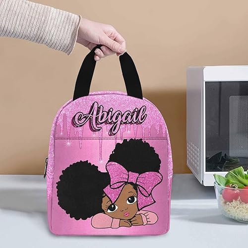 Miniatura 3 de Lonchera con nombre personalizado para niños, color rosa claro, patrón brillante, corbatín, reutilizable, aislada, bolsa de almuerzo térmica, a