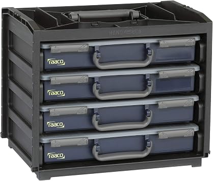 raaco 136242 HandyBox 55 a lightweight robust portable storage unit with 4 Raaco Assorter 55 service assorter 55 cases are fitted with sliding locks and removable compartments