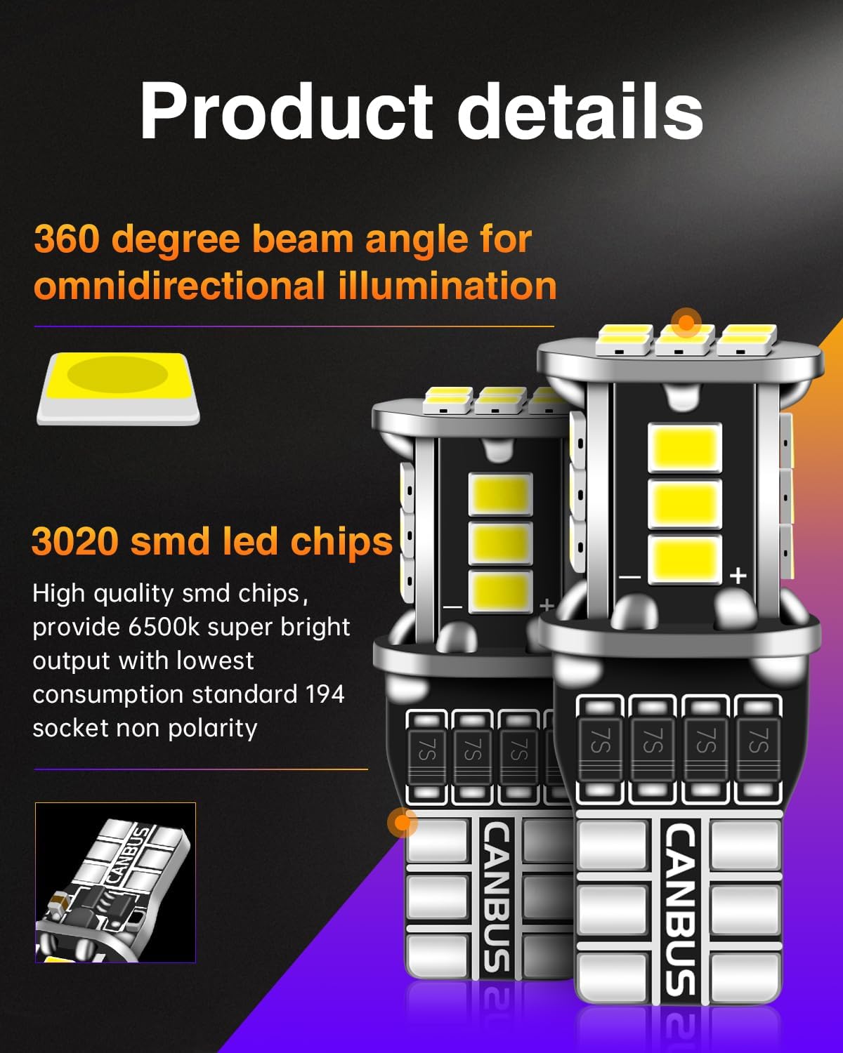 LUYED 912 921 LED Bulbs Reverse Lights Xenon White 500 Lumens Extremely Bright Canbus Error Free W16W T15 906 3030 20-EX Chipsets with Lens for Backup Lights, Pack of 2