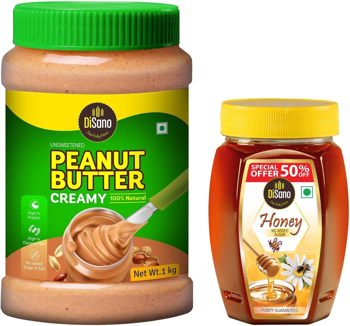 DiSano Peanut Butter, All Natural, Creamy, Unsweetened, 30% Protein, Gluten Free, Non GMO, 1Kg & Pure Honey, 500gm
