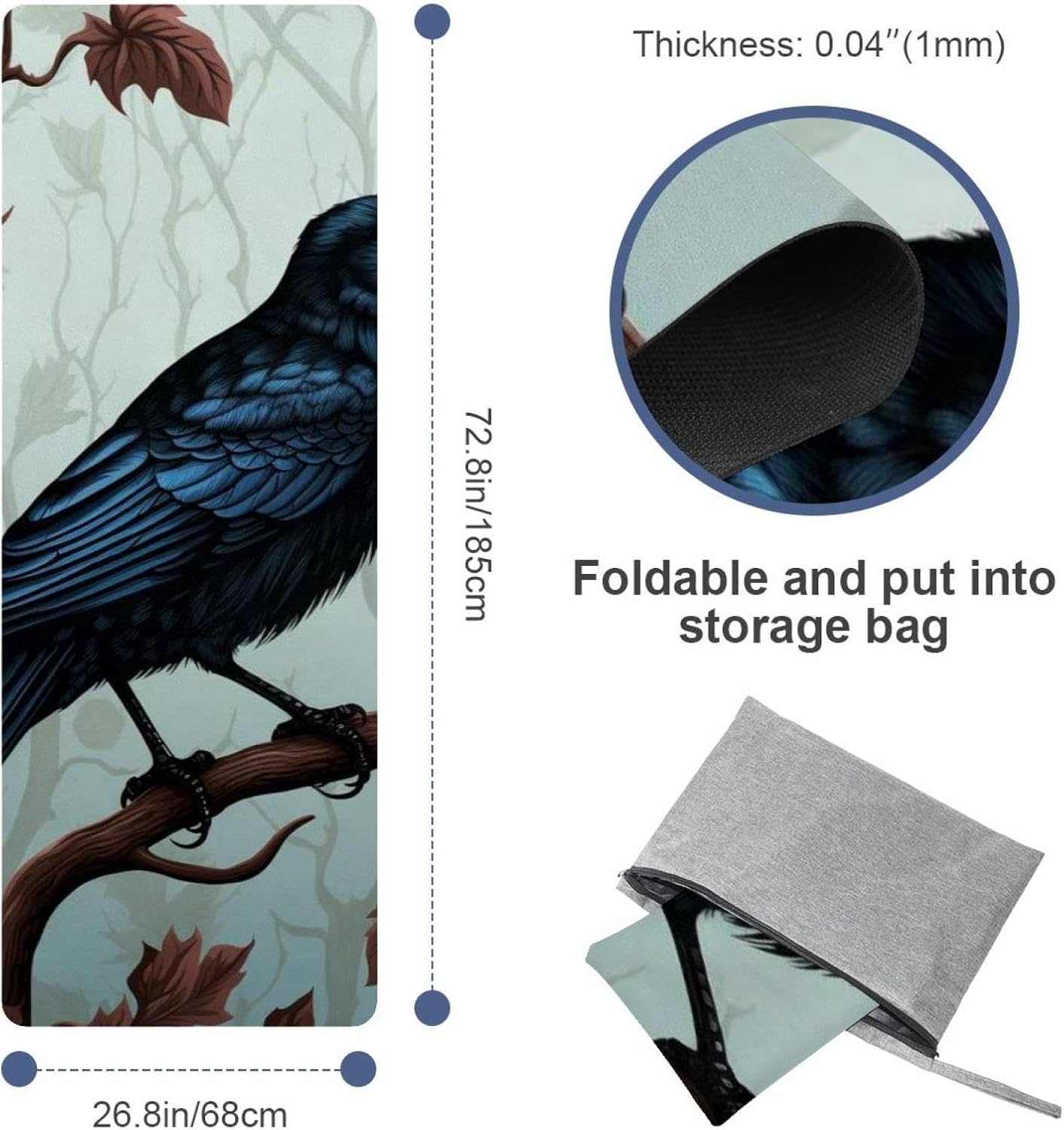 Yoga Towel, Black Crow Pattern Non Slip Sweat Absorbent Hot Yoga Mat Towel for Hot Yoga, Pilates and Fitness - 72.8" x 26.8"