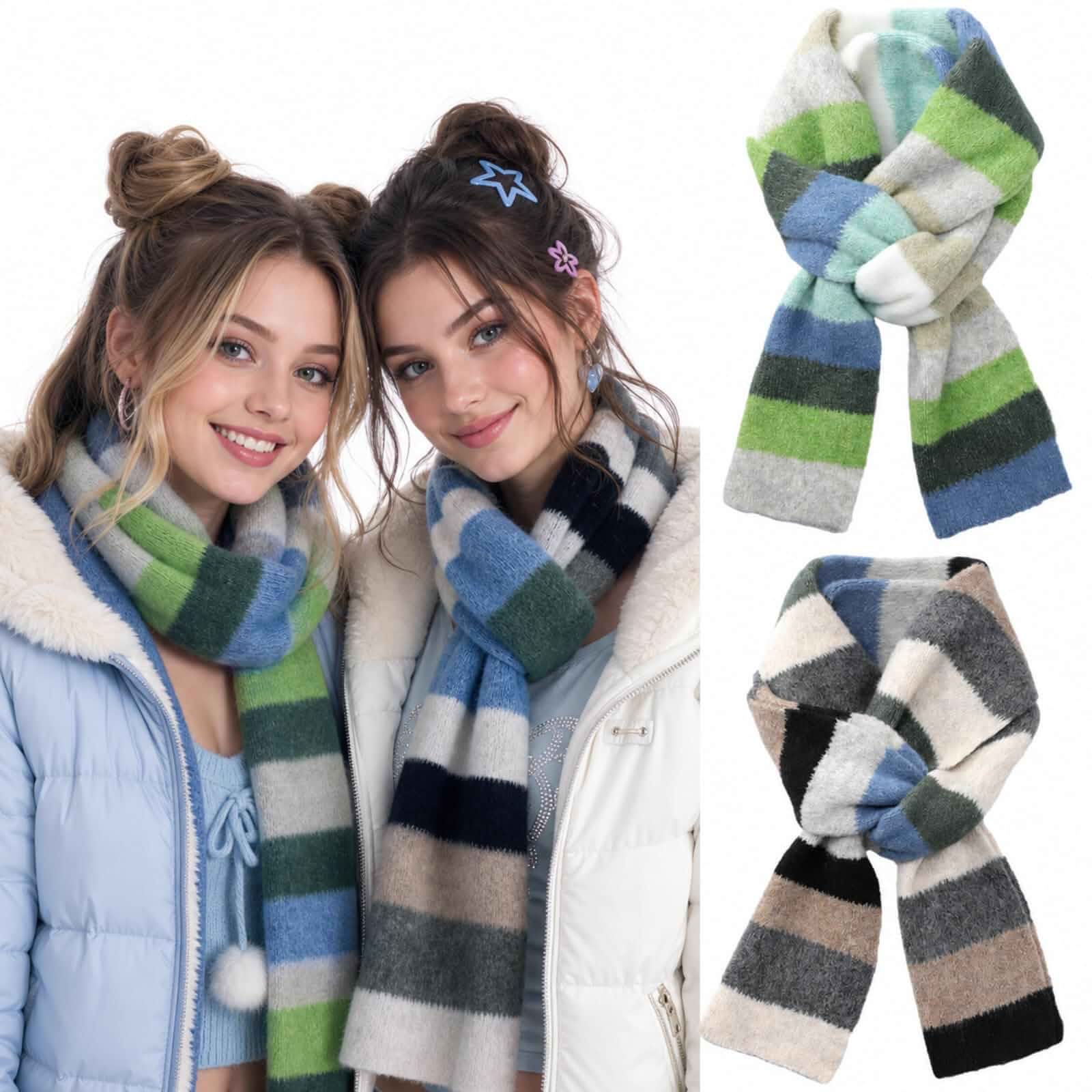 Chicingyou 2 Pcs Y2k Striped Scarf for Women Long Skinny Scarf Fuzzy Fluffy Colorful Knit Thin Scarves for Winter Christmas Striped