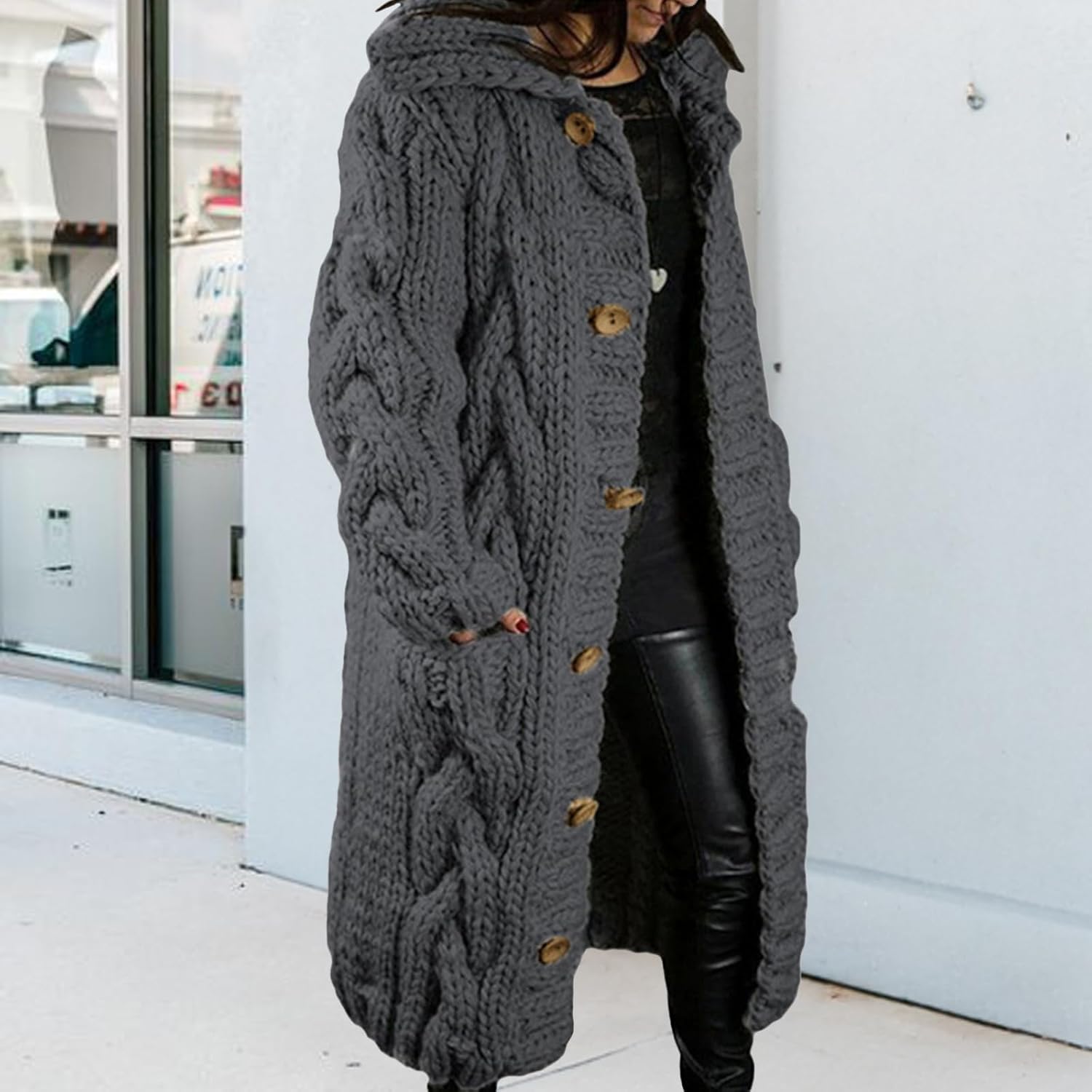 Long Cardigan Sweaters for Womens Fall Cable Knit Casual Coats Long Sleeve Button Open Front Winter Plus Size Sweater - Image 3