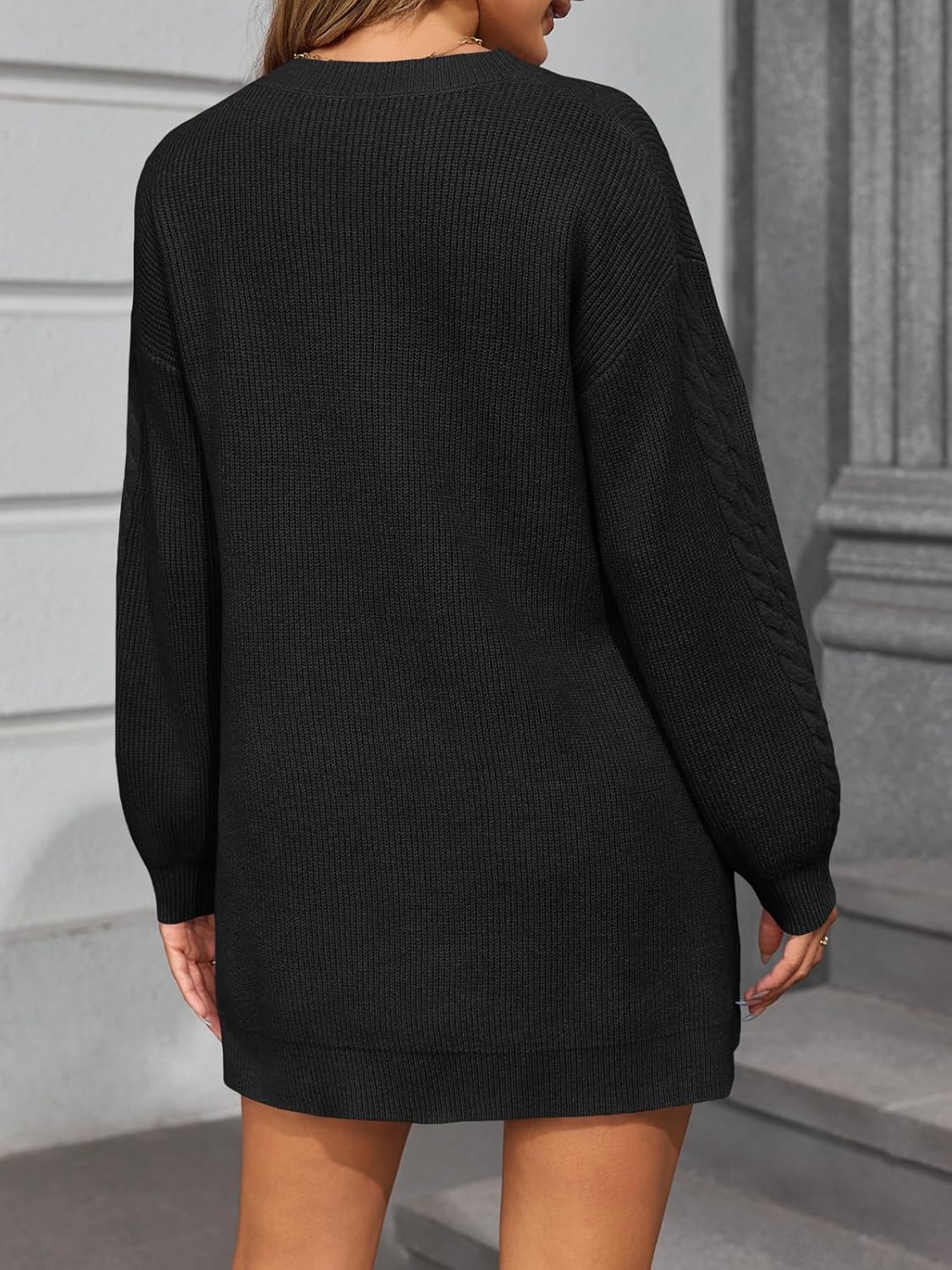 Saodimallsu Womens Oversized Mini Sweater Dress Casual V Neck Cable Knit Long Lantern Sleeve Fall Tunic Pullover Sweaters - Image 5