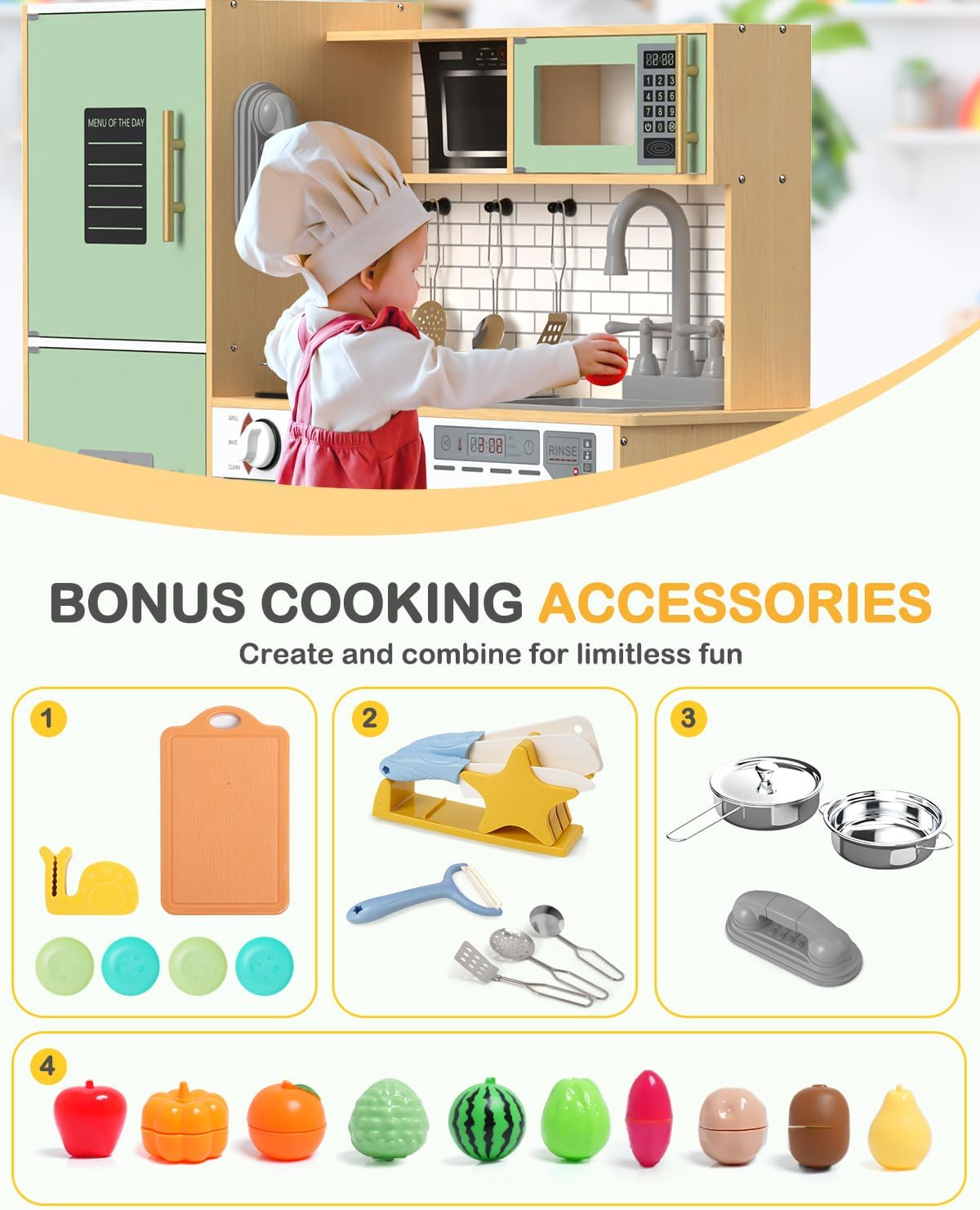 Babytronic Wooden Kitchen Playset for Kids, Interactive Play Kitchen with Lights & Sounds, Children Pretend Toy Kitchen Set with Faucet, Oven, Microwave, Kitchenware for Toddlers Ages 3+ (Green&Wood)