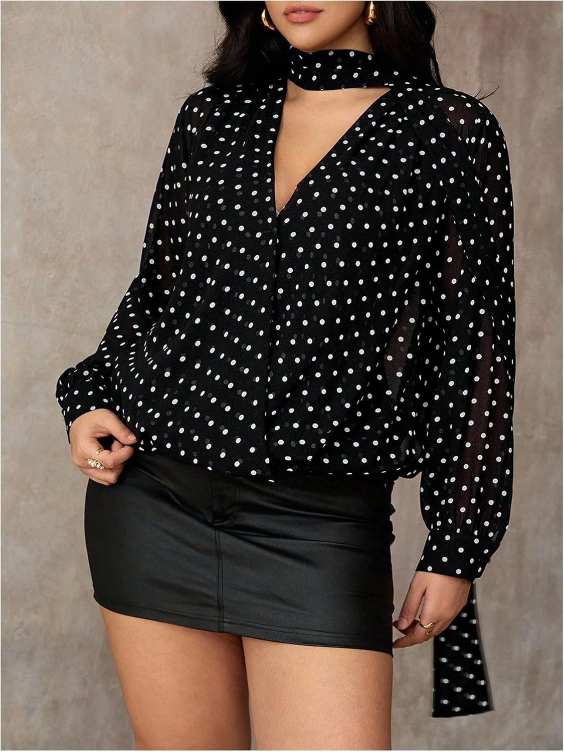 Women's Plus Size Polka Dots Blouse Deep V Sheer Blouse Chiffon Long Sleeve Shirt - Image 3