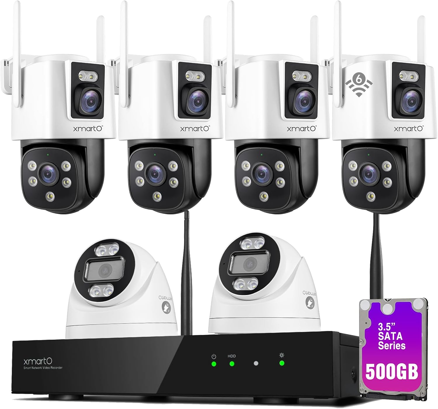 xmartO 16CH 6 Pcs Home Security Camera Kit, 4 * Dual-Image Wide FOV Security Camera and 2 * 2K HD Dome Camera, 2-Way Audio, Night Vision, 24/7 Surveillance Camera, No Monthly Fee(Include 500GB HDD