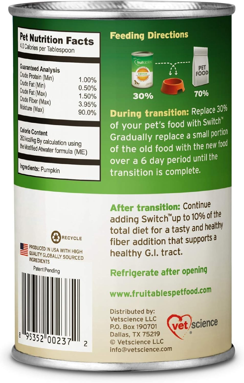 Fruitables Switch Fresh Pumpkin Blend Fiber Supplement for Cats & Dogs, Digestive Support for Food Transitions, Stool Support & Regularity, 15 oz Cans (Pack of 4)