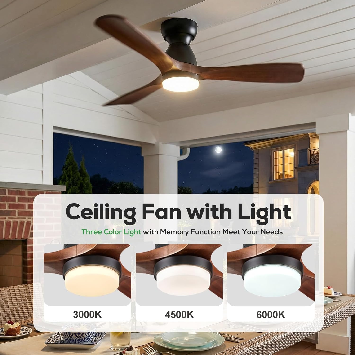 48in Smart Flush Mount Ceiling Fans with Lights Remote,3 Wood Ceiling Fan, Quiet DC Motor, Low Profile Ceiling Fan,Work with Alexa/Gg/App/Remote,Dimmable,6-Speed Fan for Patio Bedroom