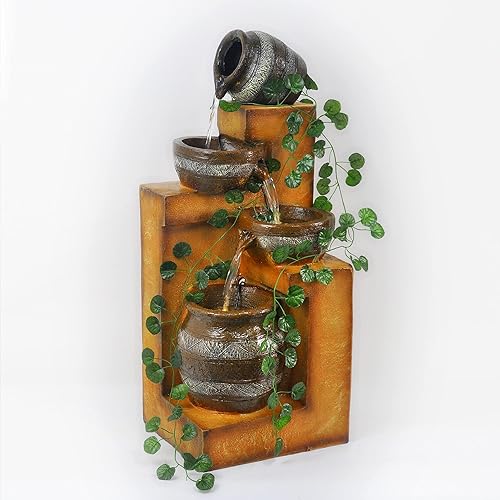 4 Tiers Staggered Pottery Bowls Water Fountain - 30” High Freestanding Waterfall with 3 LED Lights, for Outdoor Patio Garden Backyard Decking Décor