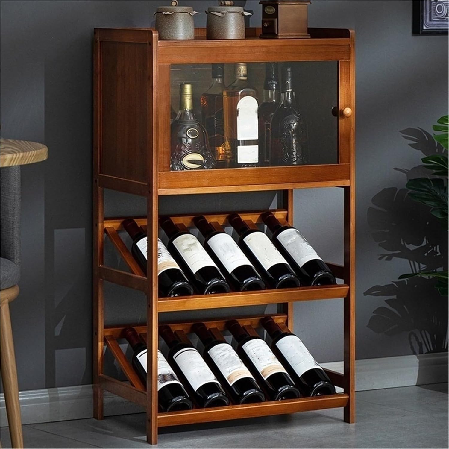 4 Tiers Display Wine Storage Shelves with Table Top Wine Rack Free Standing Floor Wine Cabinet Bamboo Pub Cabinet Wine Rack Shelf for Kitchen Pub Dining Room Solid Construction(Natural,116cm)