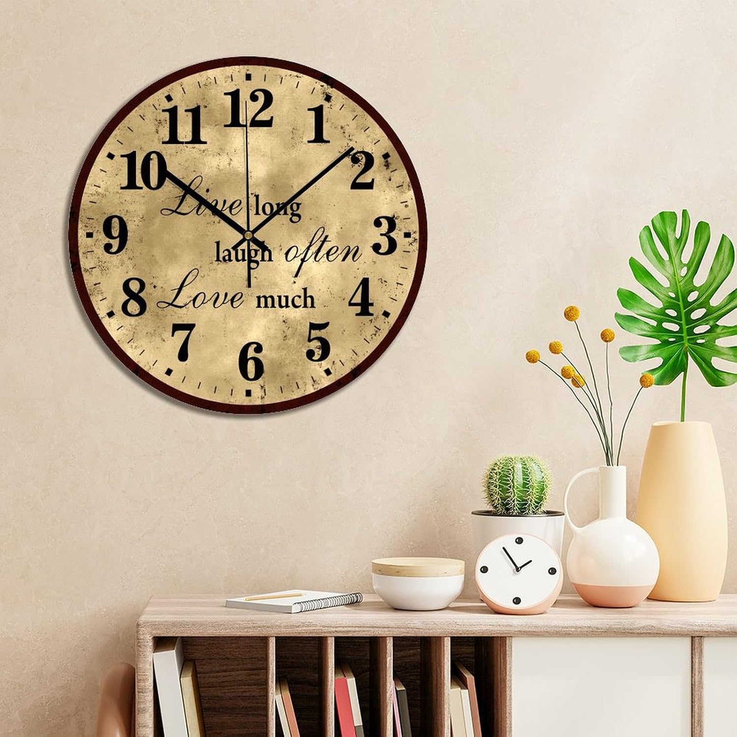 Wall Clock Silent Non Ticking Wooden Clocks Live Long Laugh Often Love Much Clock Battery Operated 12in, Round Farmhouse Clock, Rustic Clocks Decor for Home Kitchen Office