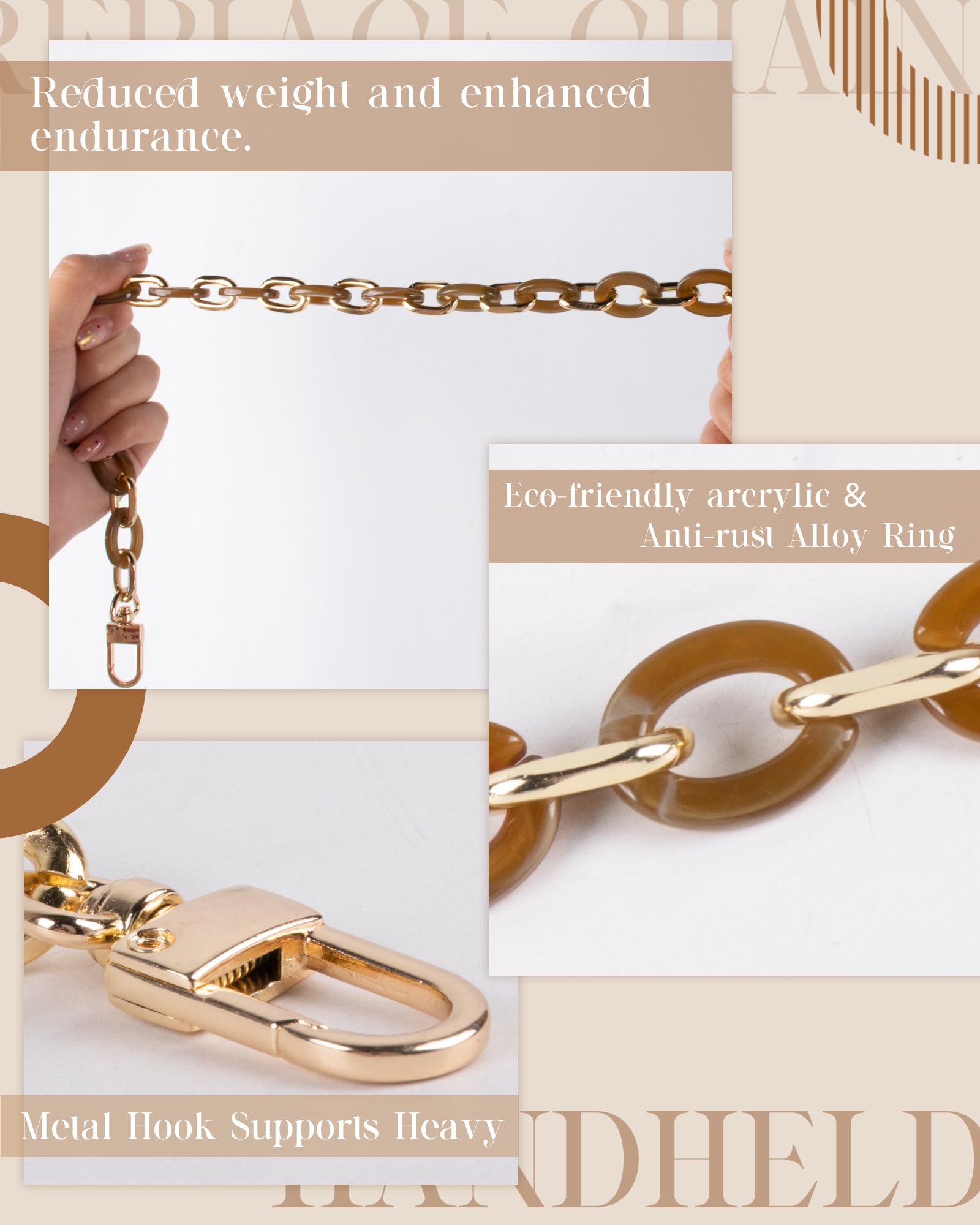 1 pieza Correa de Cadena de Bolso, Asa de Cadena Plana con Hebilla de Metal, Bolso de Hombro Cadenas Correa de Repuesto, Marrón, 60cm