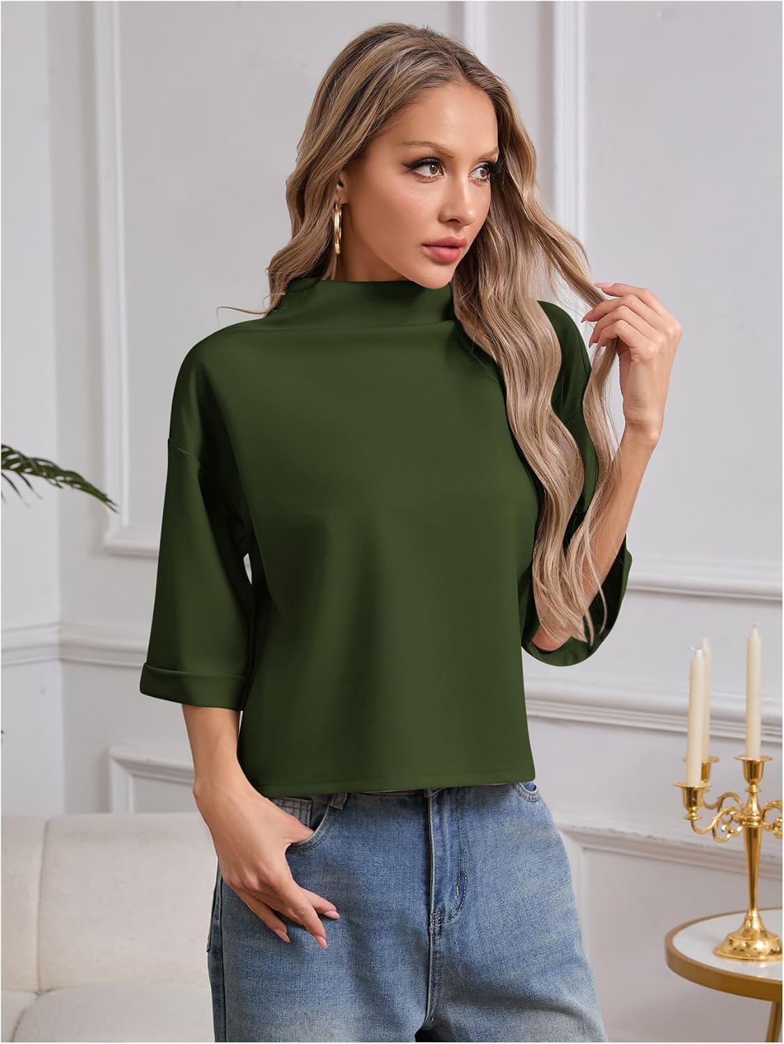 SweatyRocks Women's 3/4 Sleeve Mock Neck Basic Loose T-Shirt Elegant Top - Image 5