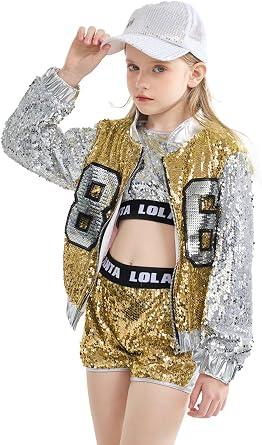 LOLANTA Girls Sequin Dance Costume, 4PCs Sparkle Hip Hop Jazz Outfits