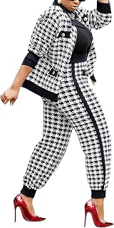 2 Piece Work Suits for Women's Houndstooth Print Buttons Open Front Long Sleeve Coat + Long Pants Casual Clothes