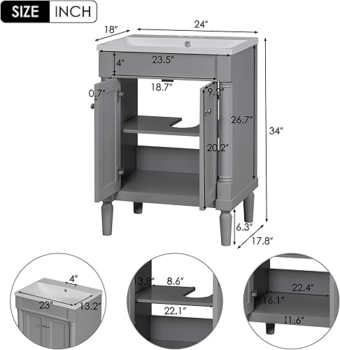 Miniatura 2 de Bellemave Juego de tocador de baño de 24 pulgadas con lavabo superior, juego de tocador de baño individual con estante interior de 2 niveles,