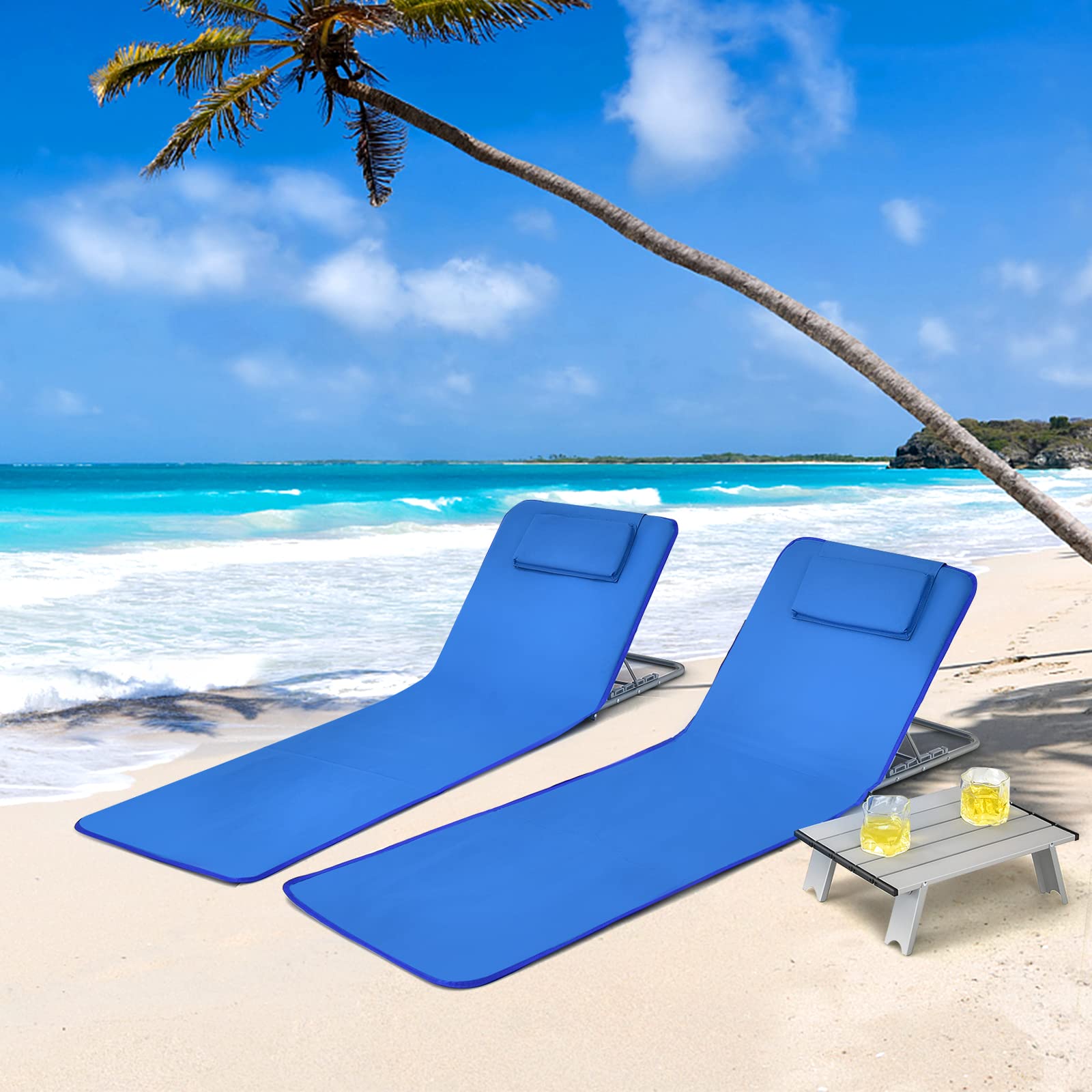 GOPLUS 2PCS Matelas de Plage Réglable à 5 Positions avec Table Basse, 2 Tapis de Plage avec Appuie-têtes, Table d’Appoint Portable, Conception Pliable, Idéal pour Patio, Piscine, Terrasse (Bleu)
