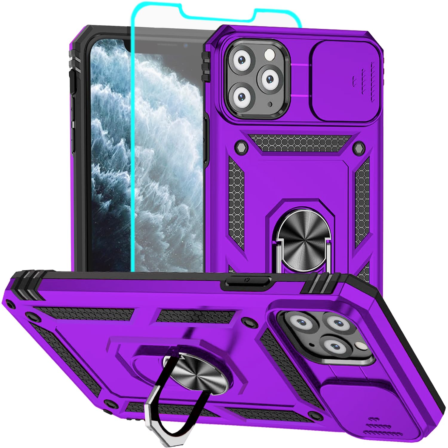 Aozuoton for iPhone 11 Pro Case with Screen Protector：Dual Layer Military Grade Drop Protection Magnetic Ring Kickstand - Camera Lens Protective Phone