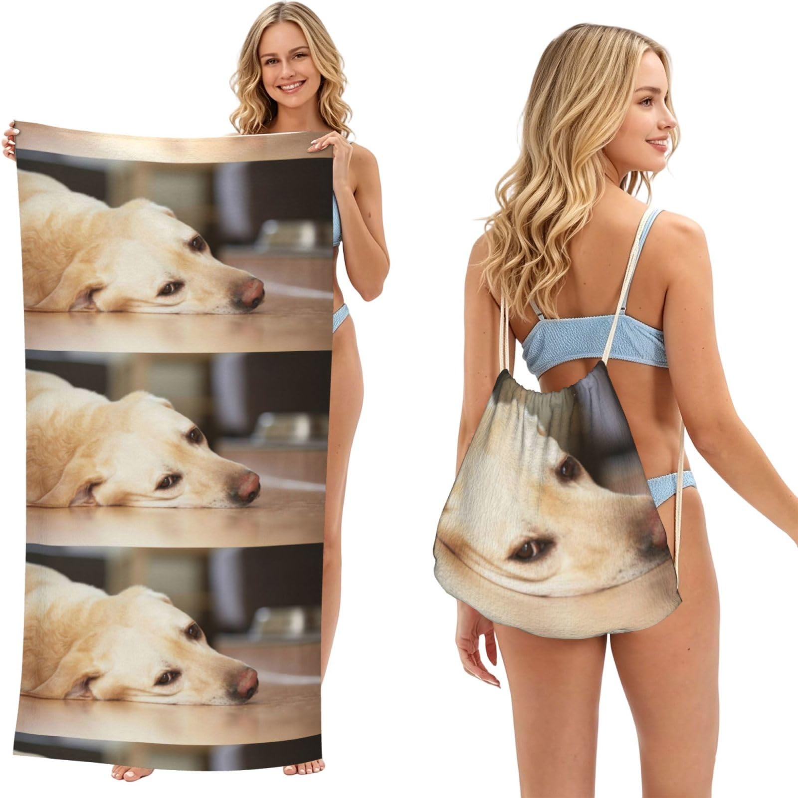 Poadnly As Picture Yellow Labrador Retriever Print, 2 In 1 Packable Towel Bag, Beach Towels With Drawstring Backpack For Travel Holiday Camping
