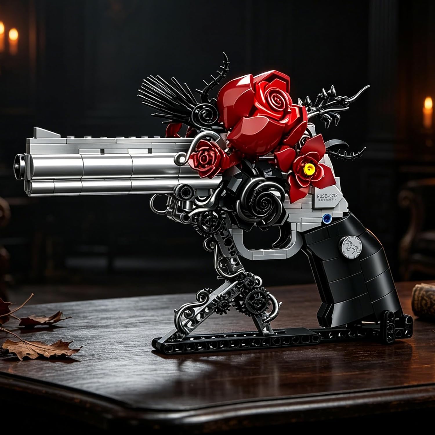 Revolver Building Blocks Set with Rose, 631 PCS Gothic & Dark Aesthetic Model Kit for Adults, Rotating Cylinder, Display Stand, Collectible Vintage Decor for Office Desk, Gift for Gothic enthusiasts