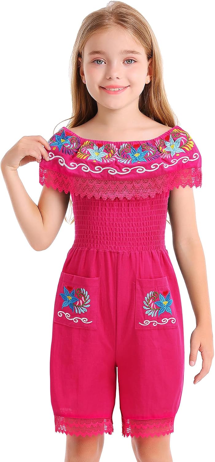 Vackutliv Mexican Jumpsuit For Girls Traditional Embroidered Kids Outfit