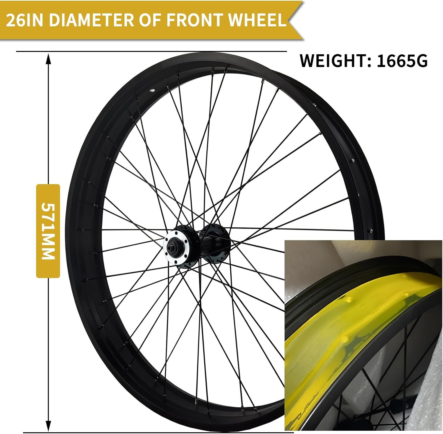 ZCXBHD 20/26 X 4 in Fat Bicycles Front Wheel,E-Bike Aluminum Alloy Bike Front Wheel 36H Disc Brake Quick Release 9x135mm Hub Very Suitable for Snow, Beach
