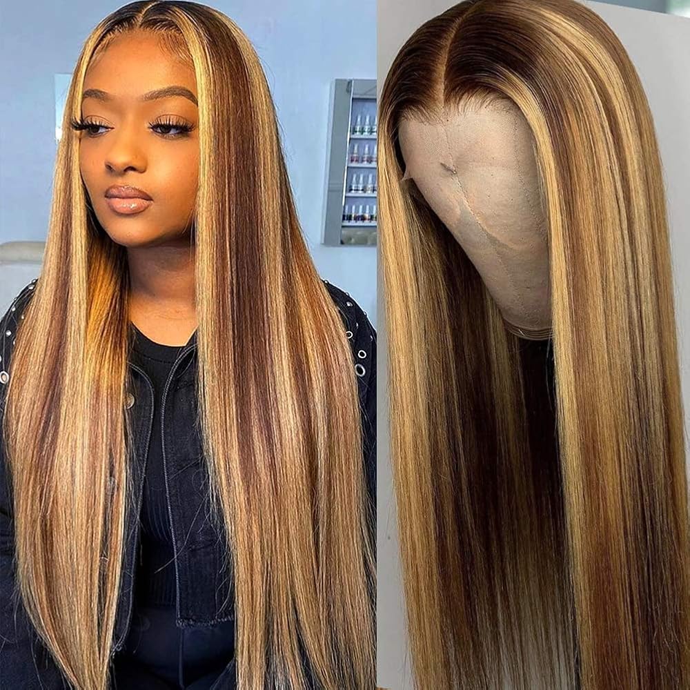 Healthair Ombre Lace Front Wigs Human hair Highlight 4/27 Honey Blonde Lace Front Wig 180% Density Straight Human Hair Wig 13x4 HD Transparent Lace Wigs for Black Women (4/27, 22inch)