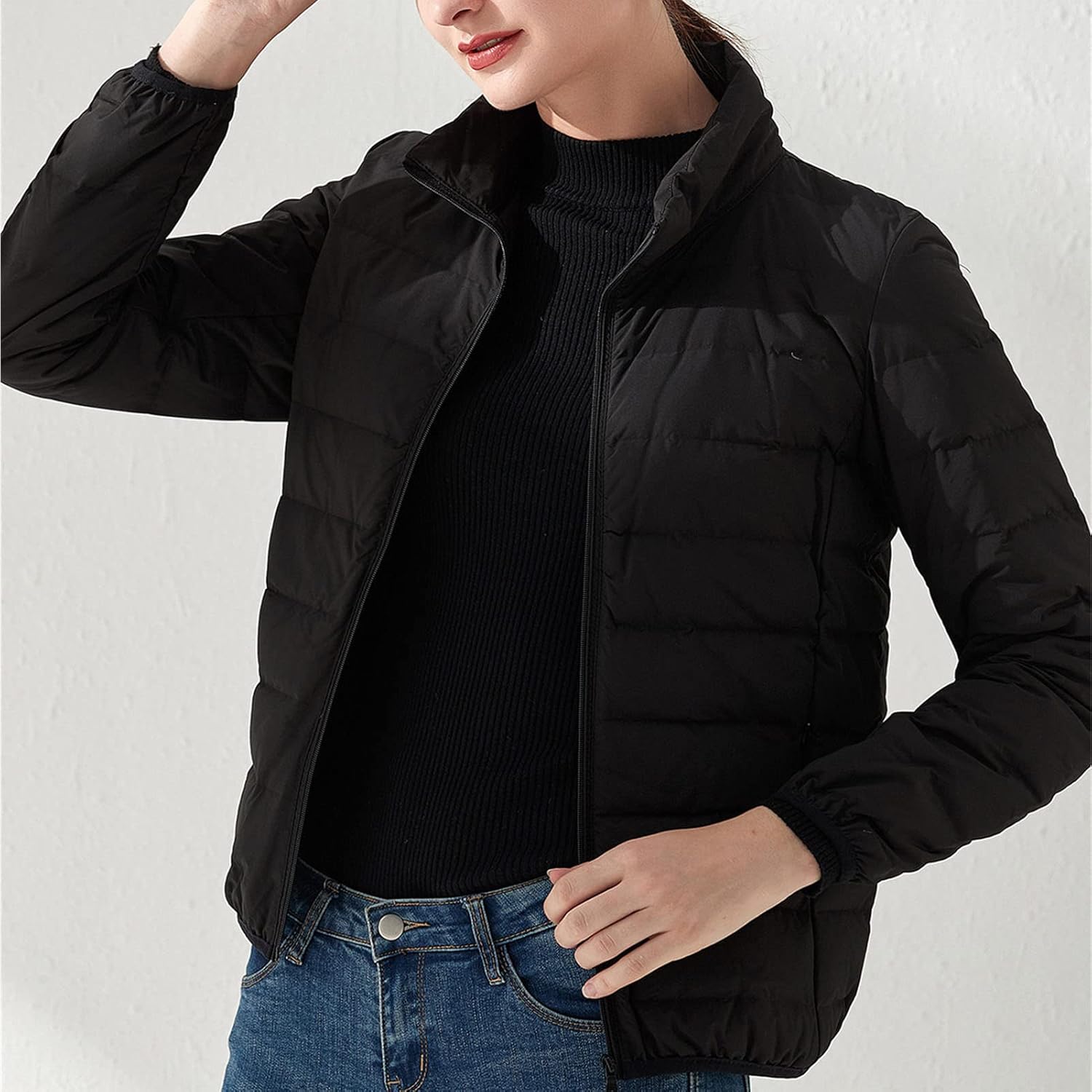 JEsilunmaMY Womens Full Zip Puffer Jacket Long Sleeve Stand Collar Seamless Down Coats Solid Color Slimming Padded Outwear