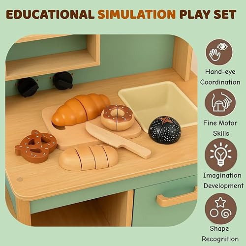 Miniatura 5 de Juego de comida de cocina de madera para cortar pan, 7 piezas con bolsa de compras y caja de regalo, juguete educativo Montessori y regalo de