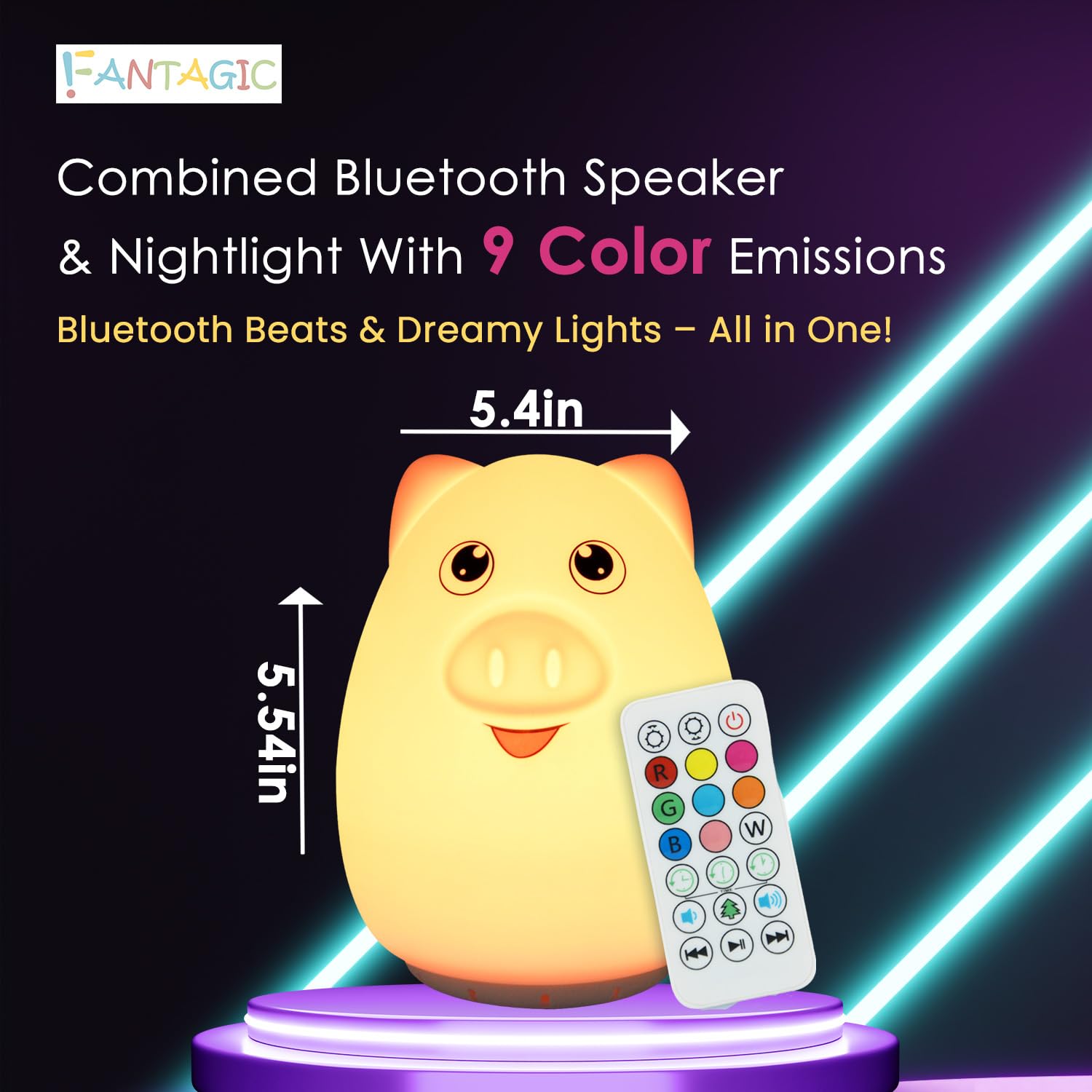 Altoparlante Bluetooth combinato e luce notturna con 9 emissioni di colore, silicone adatto ai bambini e senza BPA, ricarica USB, riceve audio da computer, telefono o tablet e include telecomando